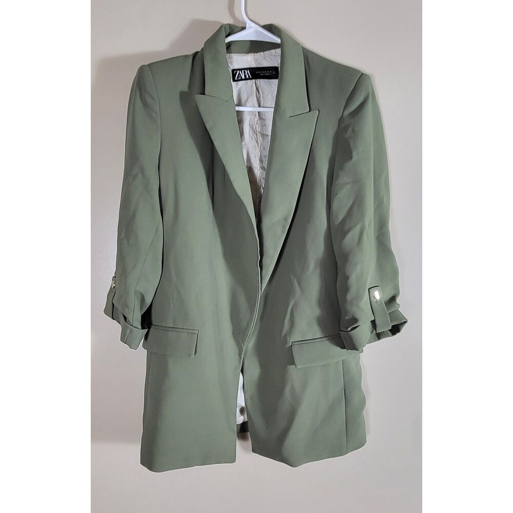 Zara Green Blazer XS Ruched Sleeve Tailored Office Siren Minimalist Jacket